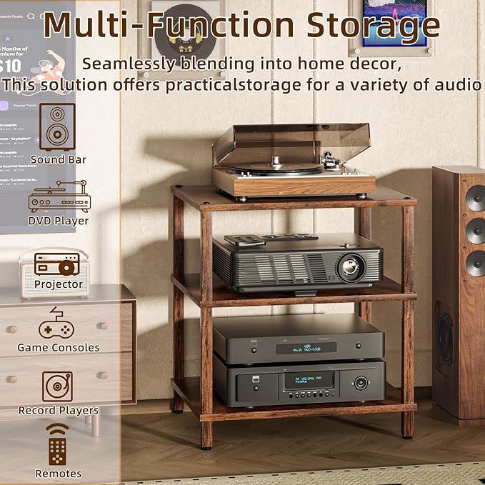 LELELINKY 3-Tier AV Media Player Stand Set of 2, Brown Stereo Cabinet, Wooden TV Stand,Game Console Shelf, Multifunctional Entertainment Center, Suitable for Home, Conference Room, Game Studio