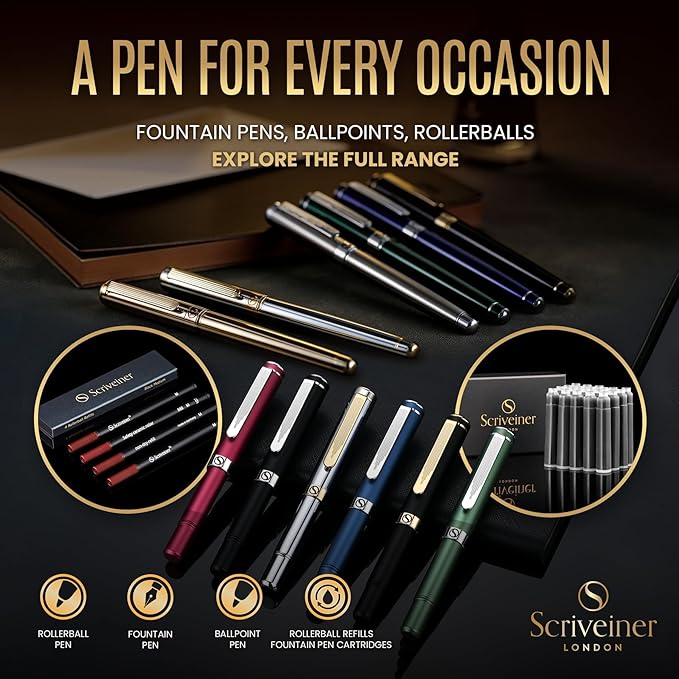 Scriveiner Luxury EDC Fountain Pen (Fine), Stunning Black Pocket Pen with Real Gold Finish, Schmidt Gilded Nib, Ink Converter, Best Writing Gift Set for Men & Women, Nice Fancy Office Designer Gift