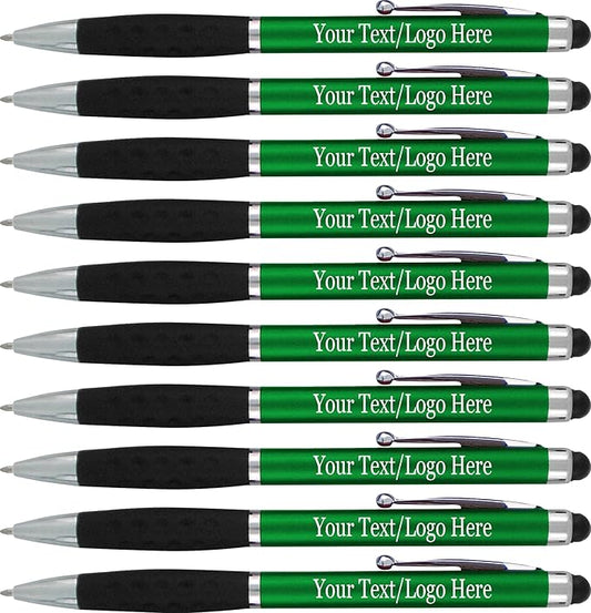 SyPen Personalized Stylus Pens With your Custom Logo or Text -300 Pack Bulk-for Businesses, Parties, and Events, 2 in 1 Ballpoint Pen & Stylus for Touchscreen Devices, Green Barrel, Black Ink