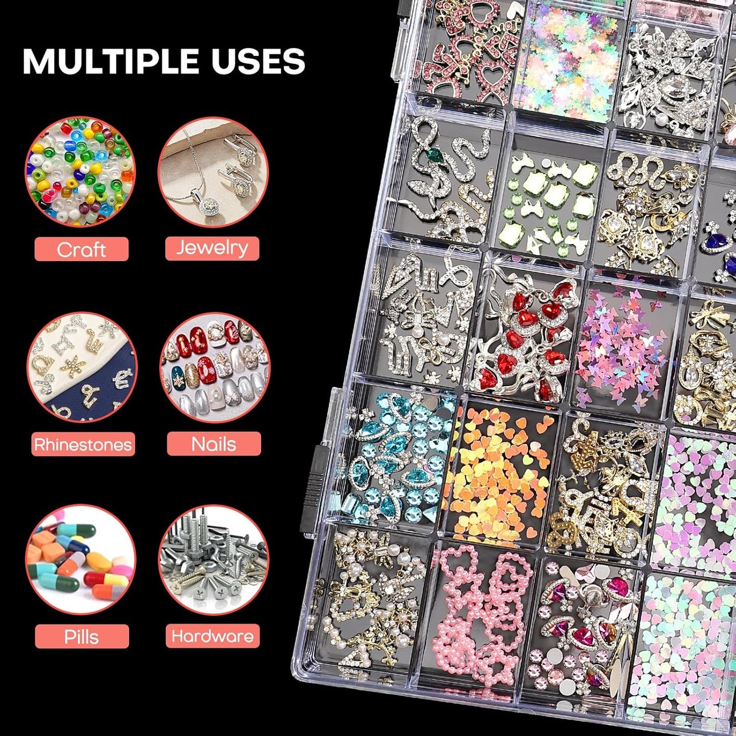 Noverlife 2 Pack 36 Grids Clear Plastic Organizer Box, Jewelry Craft Storage Container Bead Holder Nail Charm Organizer, Rock Collection Box for Fishing Tackles, Acrylic Earring Display Case for Girls