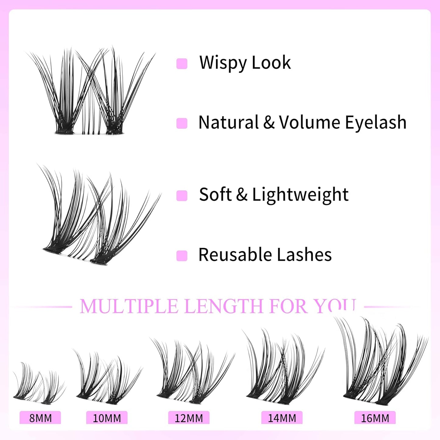 VEYESBEAUTY Lash Clusters Kit Eyelash Extensions Thin & Invisible Band DIY Individual False Eyelashes Newbie's Five-Second Series Lash Tray for Self-application, Whisper Lash 8-16mm Mixed Length