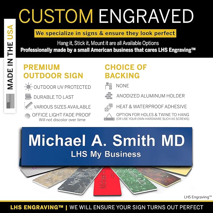 Personalized Name Plate with Choice of Mounting Holders for Walls, Doors, Cubicles, Hanging and More - Custom Blue Plastic White Letters - USA Made 2x10 - B9