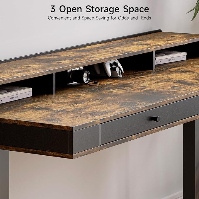 Standing Desk with Drawers, 47x23.6" Whole Piece Electric Stand Up Desk with Storage Shelf and Memory Controller, Sit Stand Desk Adjustable Height from 28-46" for Computer Workstation, Rustic Brown