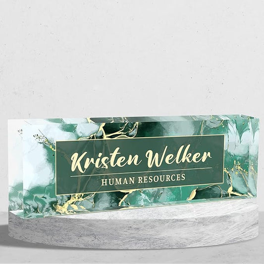 Personalized Name Plate for Desk Custom Acrylic Desk Name Plate Custom Employee Appreciation Gifts Office Gifts for Women, Men, Boss, Coworkers, Teacher, Nurse (Green Phnom Penh Marble)
