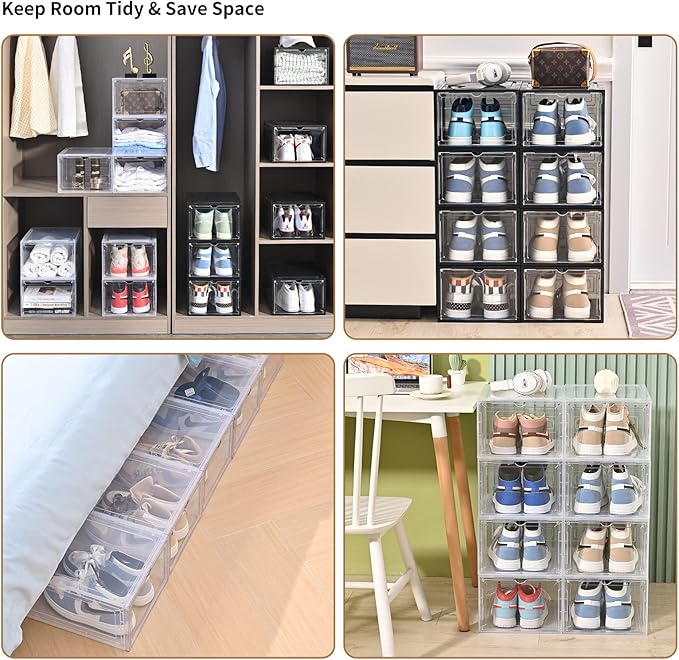 KEFA 8 Pack US 15 XXL Clear Shoe Storage Boxes Stackable, Shoe Organizer Clear Plastic Shoe Boxes, Shoe Case