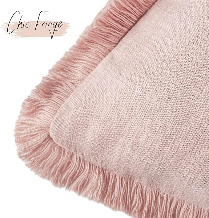 Foindtower Set of 2 Decorative Linen Fringe Throw Pillow Covers Farmhouse Cushion Cover with Tassels Lumbar Accent Pillowcase for Bed Couch Sofa Living Room Home Bedroom Decor,12×24 Inch,Light Pink