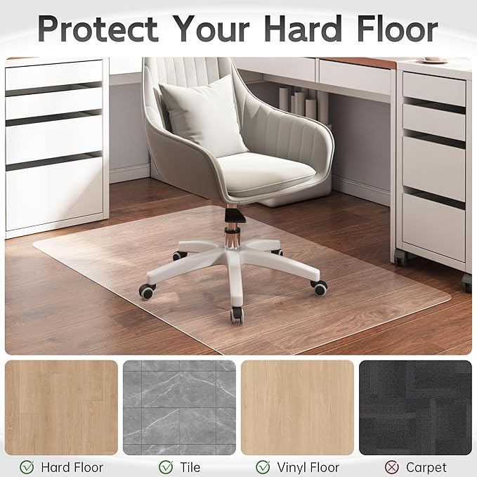 Office Chair Mat for Hardwood Floor, 1/8" Thick 53"x 45" Crystal Clear Hard Floor Chair Mat, Transparent Floor Protector Mat Flat Without Curling