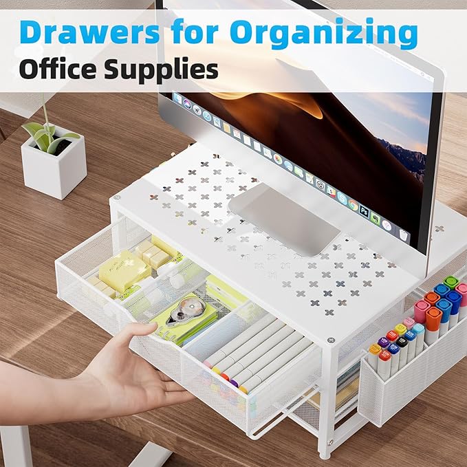 Marbrasse Metal Printer Stand for Desk with Storage Drawer and 2 Pen Holders, 2-Tier Desktop Organizer Printer Table for Home Office, Multi-Purpose Desk Organizer for Fax Machine Scanner Files(White)