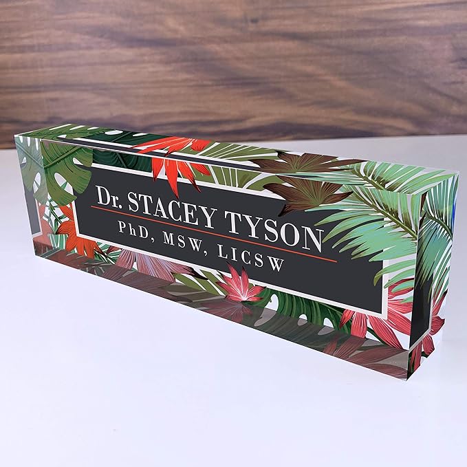 Artblox Personalized Name Plate for Desk | Leaf Flowers Design On Clear Acrylic Glass | Custom Desk Name Plate Personalized with Your Name and Credentials for Teacher Phd Military Office Name Plate