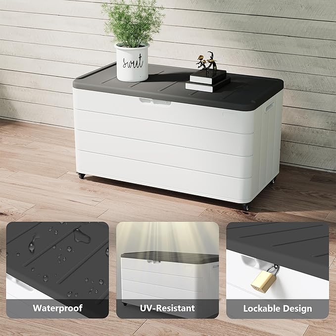 PATIOEASY 100GAL Square Storage Box (With Wheels) White，Waterproof Resin Storage Bin for Patio Cushions，Accessories，UV Resistan