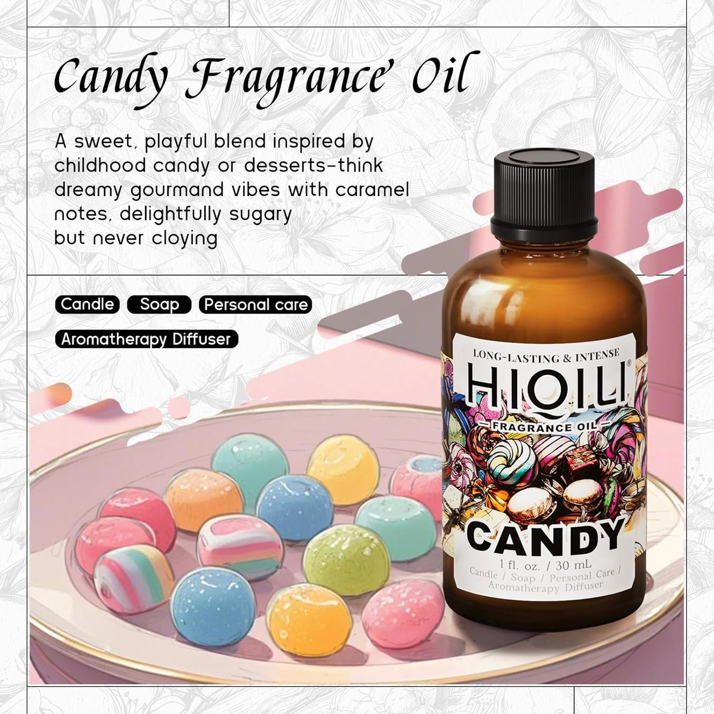 HIQILI Candy Fragrance Oil for Diffusers for Home, Sweet Scent, Perfect for Soap & Candle Making, Long-Lasting - 1 Fl Oz