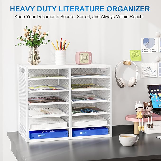 PAG-Mass Mail Sorter for Desk, Countertop Literature Organizer, Student Mailbox for Classroom, Desktop Bill Paper Holder Rack for Office Home School, 12 Compartments, White