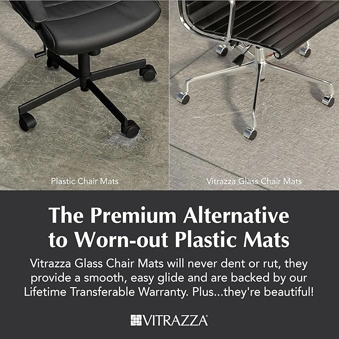 Vitrazza Glass Chair Mat 48” x 48” Superior ¼ Thick, Chiaro Standard Clear, Certified Tempered Safety Glass, Delivers a Smooth Glide, Protects Carpet or Wood, Beautiful in Home or Office