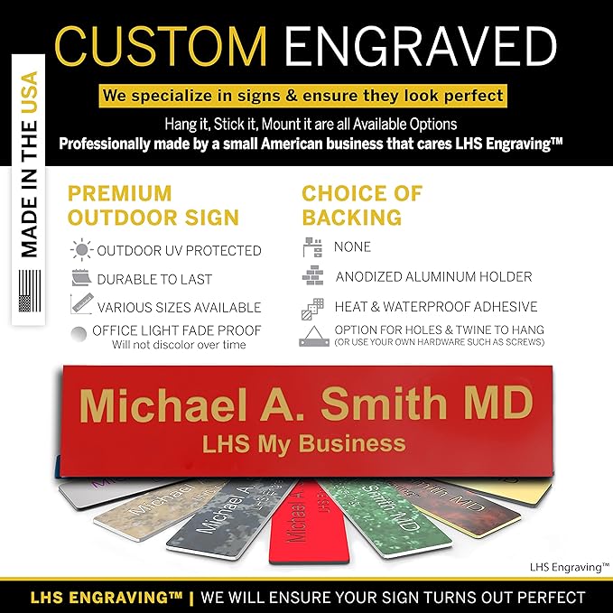 Personalized Name Plate with Choice of Mounting Holders for Walls, Doors, Cubicles, Hanging and More - Custom Red Plastic Gold Letters - USA Made 2x10 - B17