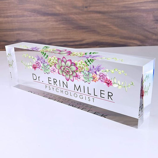 Artblox Office Desk Name Plate Personalized | Custom Name Plates for Desks | Succulents Design On Clear Acrylic Glass | Office Desk Decor - (8" x 2.5")
