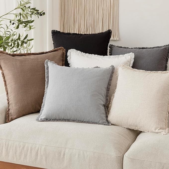 Foindtower Set of 2 Decorative Linen Fringe Throw Pillow Covers Cozy Farmhouse Cushion Cover with Tassels Accent Pillowcase for Couch Chair Sofa Bed Living Room Home Decor,22×22 Inch,Light Rustic Gray