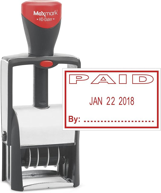 MaxMark Heavy Duty Self Inking Date Stamp with Phrase Paid - Red Ink