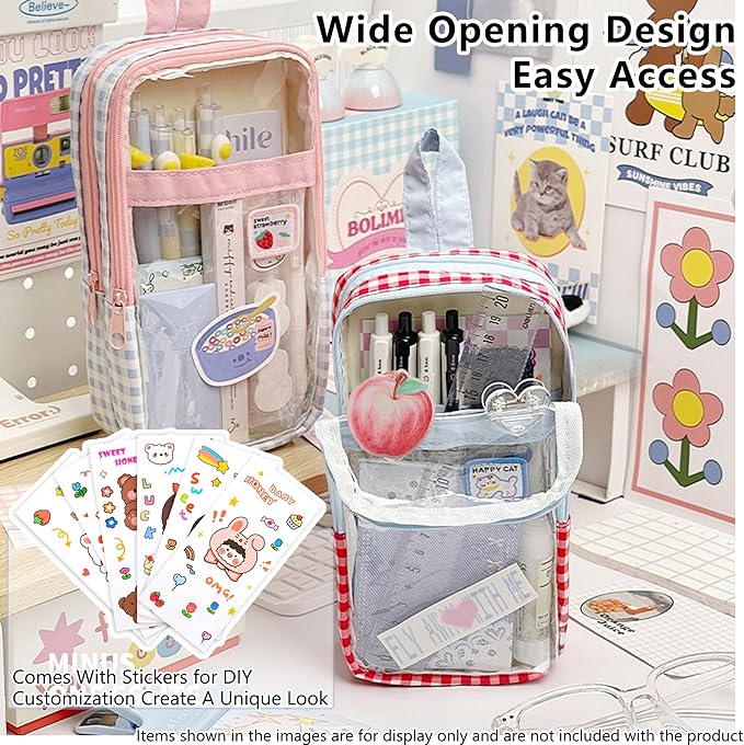 UINSUE Cute Pen case Adorable Bunny Transparent 3-Layer Large Capacity Pencil Case Gadget organizer with Lovely Stickers (Red Plaid)