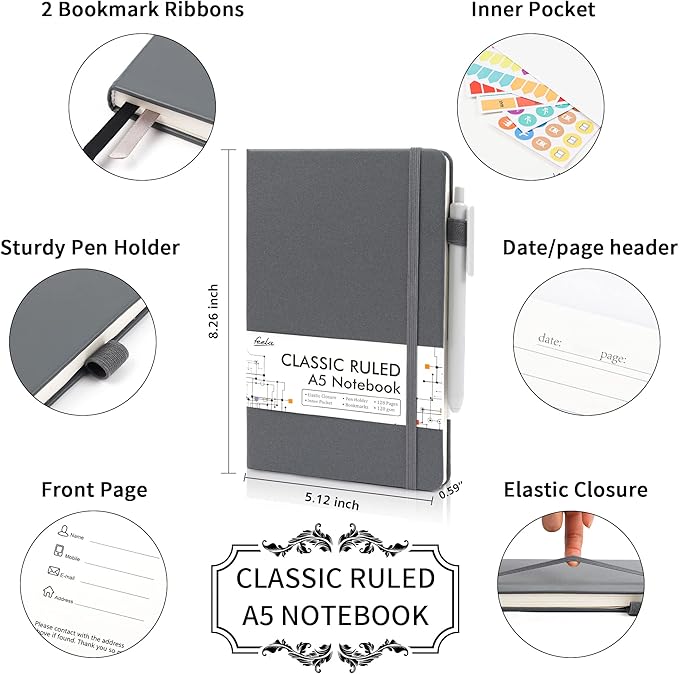 12 Pack Notebooks Journals Bulk with 12 Black Pens, Feela A5 Hardcover Notebook Classic Ruled Journal Set with Pen Holder for School Business Work Travel Writing, 120 GSM, 5.1”x8.3”, Gray