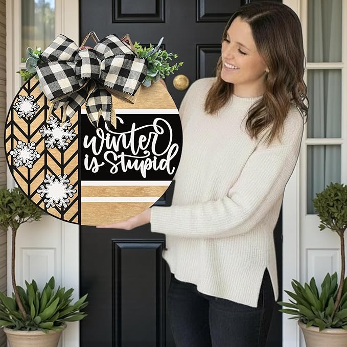 Wood front door sign Wood sign Home decor Welcome sign Sign for front door House warming gift Wedding gift (Winter is stupid1.0(UV091(A16) S001, 18" Width)