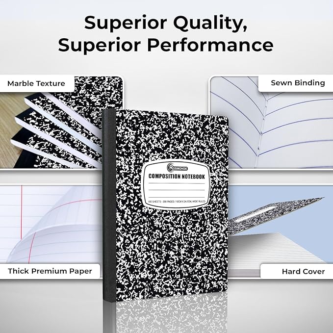 Rosmonde 50 Pack Composition Notebooks Bulk Wide Ruled, 200 Pages (100 Sheets), 9-3/4 x 7-1/2, Hard Cover, Bulk Black Marble Composition Notebook, Bulk Office Notebooks, Bulk Notebooks School Supplies