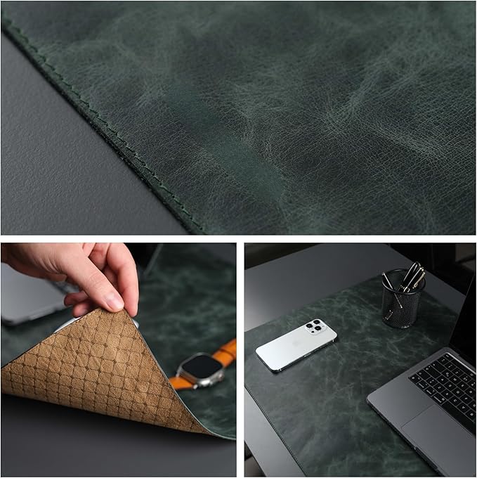 TORONATA Jersey Genuine Calfskin Leather Desk Pad, Office Desk Mat with Non-Slip Bottom, Smooth Surface for Mouse & Keyboard, Desk Protector (14.6x31.5 inches) (Dark Green)