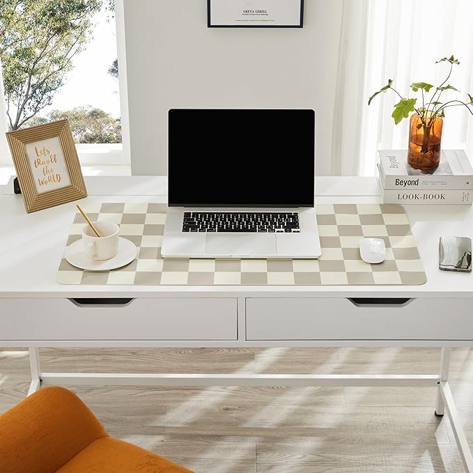 Ohocut Checkered Desk Mat, 31.5" x 15.7" Large Cute Beige Khaki Aesthetic Retro Accessories, PU Leather Computer Laptop Desk Mat Mouse Keyboard Pad, Desk Writing Makeup Mat for Vanity/Work/Home Decor