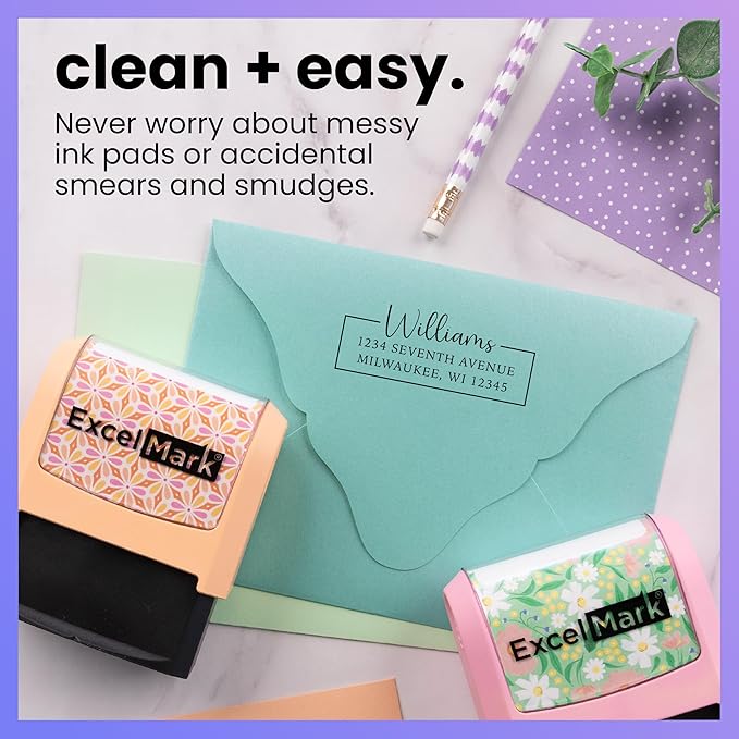 ExcelMark Address Stamp - Custom Return Address Stamp with Elegant Designs, Vibrant Colors & Patterns – Perfect for Mail, Invitations & Gifts (Seafoam Mount, Signature Frame)