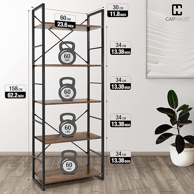 CAPHAUS 5 Tier Bookshelf, 24 Inch Width Free Standing Shelf, Bookcase Shelf Storage Organizer, Industrial Book Shelves for Home Office, Living Room, Kitchen, Rustic Oak