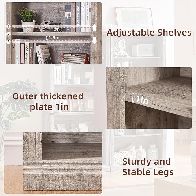 RWYHG 70" Grey Tall Bookshelf,5-Tier Thick Wooden Book Shelf with Adjustable Shelves,Free Standing Farmhouse Bookcase with Open Display Storage,Floor Vintage Bookshelves for Living Room,Office