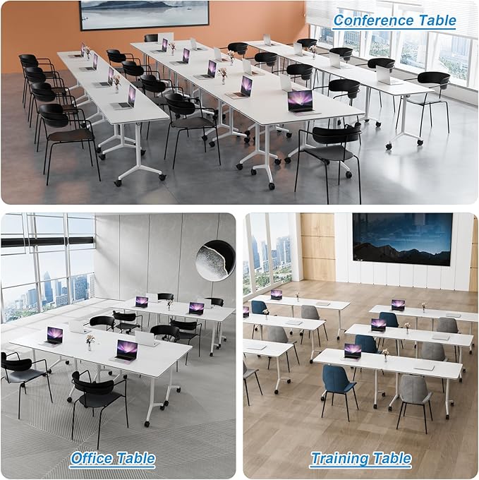 WYMHYZ Conference Table Flip Top Mobile Conference Room Tables,Folding Conference Table with Wheels,Large Meeting Training Seminar Table Saving Space for Office Classroom (4, White, 47.2'')