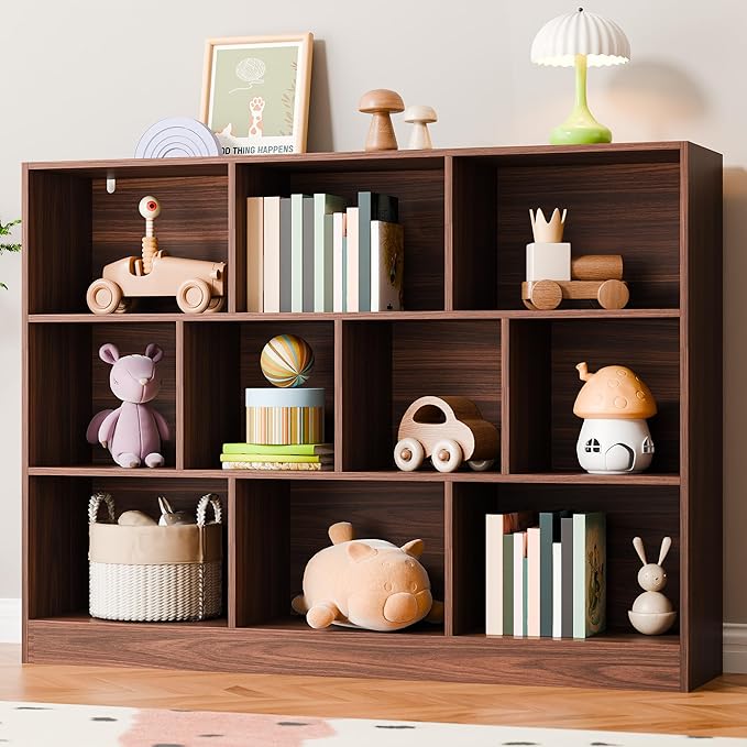 Cozy Castle Brown Bookshelf, 3-Tier Open Shelf Bookcase, 10 Cube Storage Organizer with Anti-Tilt Device, Freestanding Book Storage Shelves for Bedroom, Living Room