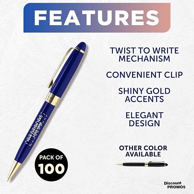 DISCOUNT PROMOS 100 Ultra Executive Pens Pack - Customizable Text, Logo - Twist To Write, Gold Accent - Blue