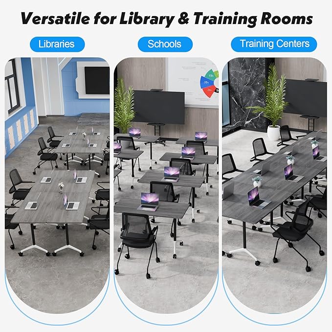 Goakwwuz Conference Room Table, Folding Conference Tables,Thicken Grey Tabletop,Flip Top Wooden Seminar Meeting Room Table for Conference Room Offices (8, Grey, 55.1”)