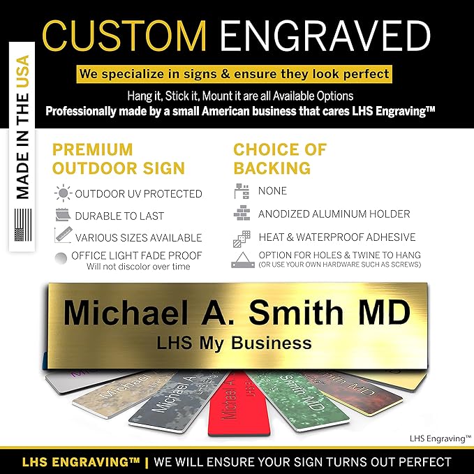 Personalized Name Plate with Choice of Mounting Holders for Walls, Doors, Cubicles, Hanging and More - Custom Brushed Brass Plastic Black Letters - USA Made 2x10 - M6