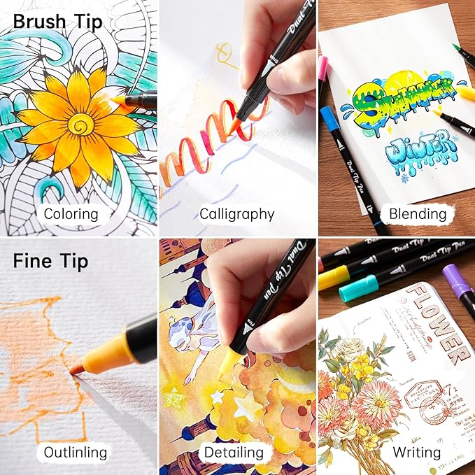 Shuttle Art Dual Tip Brush Marker Pens, 30 Colors Dual Tip Calligraphy Pens Fine and Brush Tip Markers Set, Water-based Ink Perfect for Kids Adult Artist Calligraphy Journal Doodling Writing