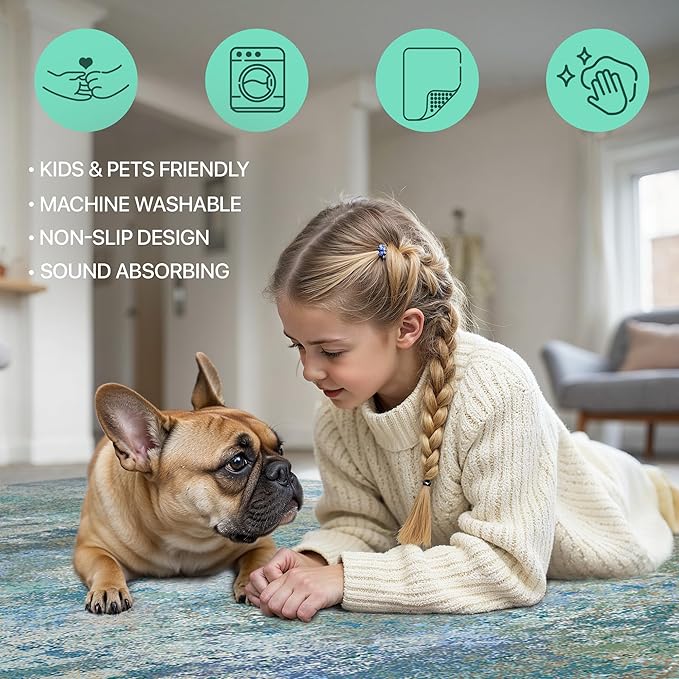 GENIMO 2x3 Rugs for Entryway Entrance, Modern Lightweight Rug Ultra Soft Indoor Area Rugs 2x3 for Bedroom Kitchen Bathroom, Low Pile Carpet with Non Slip Backing, Blue Green