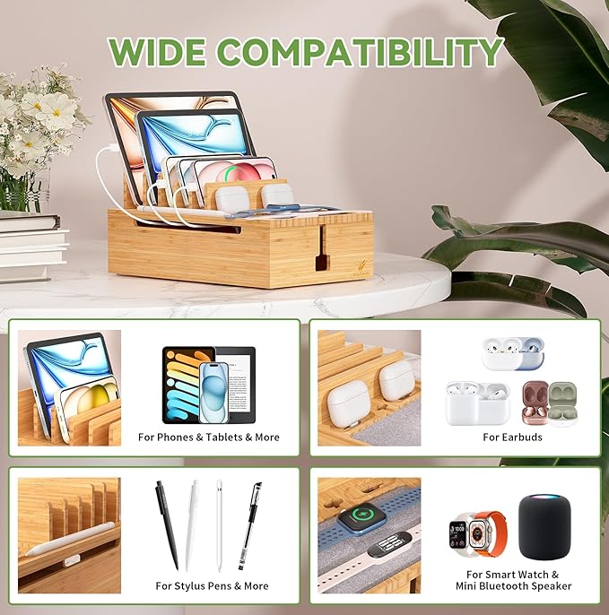 Pezin & Hulin Bamboo Charging Station, Electronic Devices Organizer for Multiple Devices Charger Such As Cell Phone, Tablet, Watch and More, Natural, (No USB Charger and Cables)