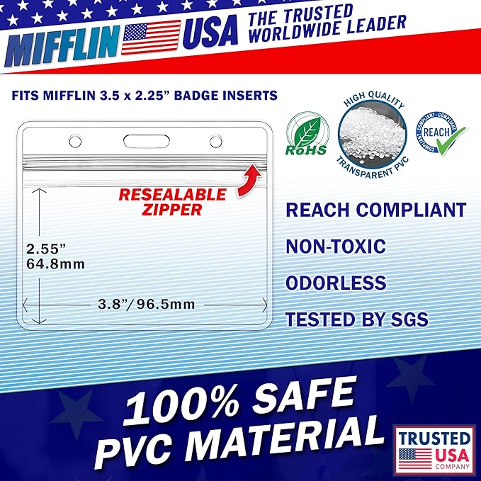 Mifflin-USA Horizontal ID Name Badge Holder (Clear, 3.5x2.25 Inches, 10 Pack), Waterproof and Resealable Plastic Card Holders