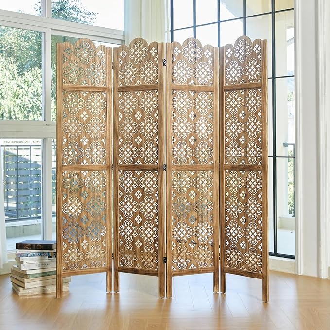 68.9Inch Folding Room Divider, 4 Panels Wood Carved Privacy Screens - Ideal Decorative Partition for Home, Office, Restaurant, Bedroom (Dark Brown)