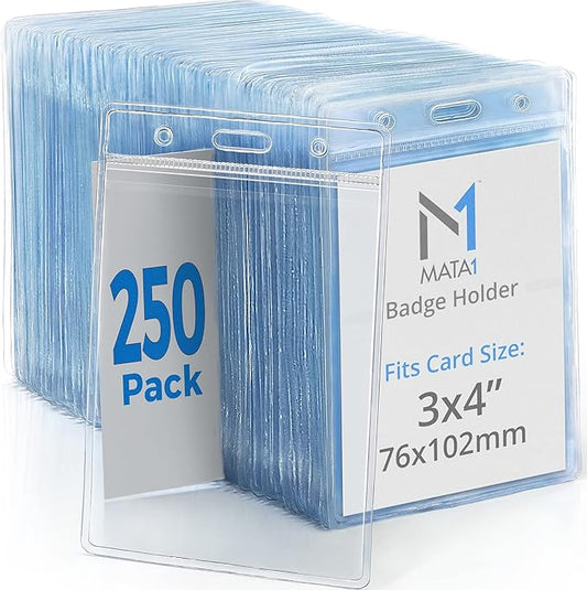 Mata1-USA Plastic Extra-Thick Vertical ID Card Holder (Clear, 3x4 Inch, 250 Pack), Large Size No Zipper Name Badge
