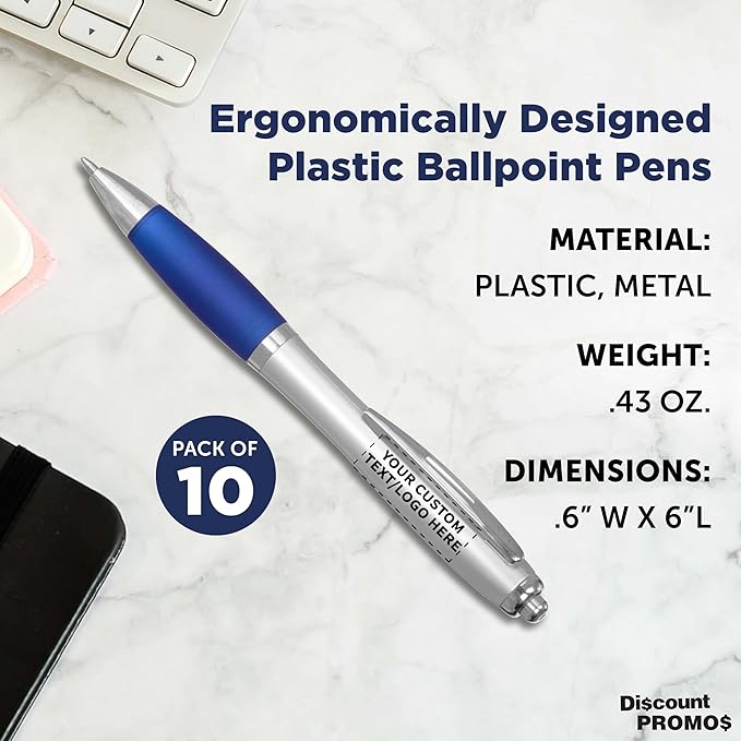 DISCOUNT PROMOS Personalized Ballpoint Pens With Rubber Grip, 10 pack Customizable Ergonomic Click-to-Write Custom Writing Pens for School with Black Ink, Blue