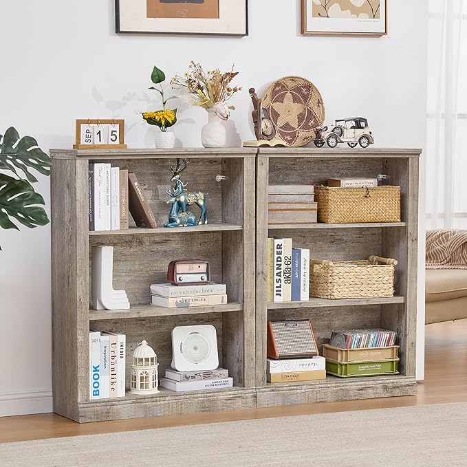 RWYHG 43" Grey Tall Bookshelf Set of 2,3-Tier Thick Wooden Book Shelf with Adjustable Shelves,Free Standing Farmhouse Bookcase with Open Display Storage,Floor Vintage Bookshelves for Living Room