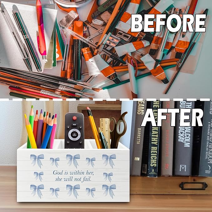 XPH Blue Coquette Bow Christian Pen Pencil Holder Organizer for Desk, Preppy Desk Decor, Christian Gifts for Women, Bible Verse Wooden Box Sign for Girly Room Bedroom Dorm Tabletop Decorations