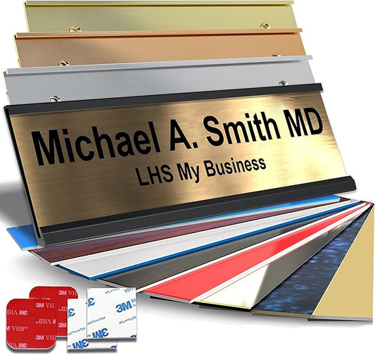 Custom Name Plate with Choice of Mounting for Walls, Doors, Cubicles, Hanging and More - Personalized Brushed Copper Plastic Black Letters - USA Made 2x12 - M5