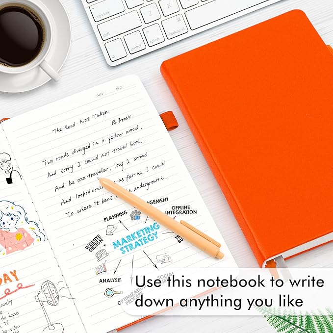 5 Pack Journal Notebook Bulk for School, Feela Hardcover Business Notebooks Classic Ruled Lined Journals with Pen Holder for Work Note Taking, with 5 Black Pens, 120 GSM, 5.1”x8.3”, A5, Orange
