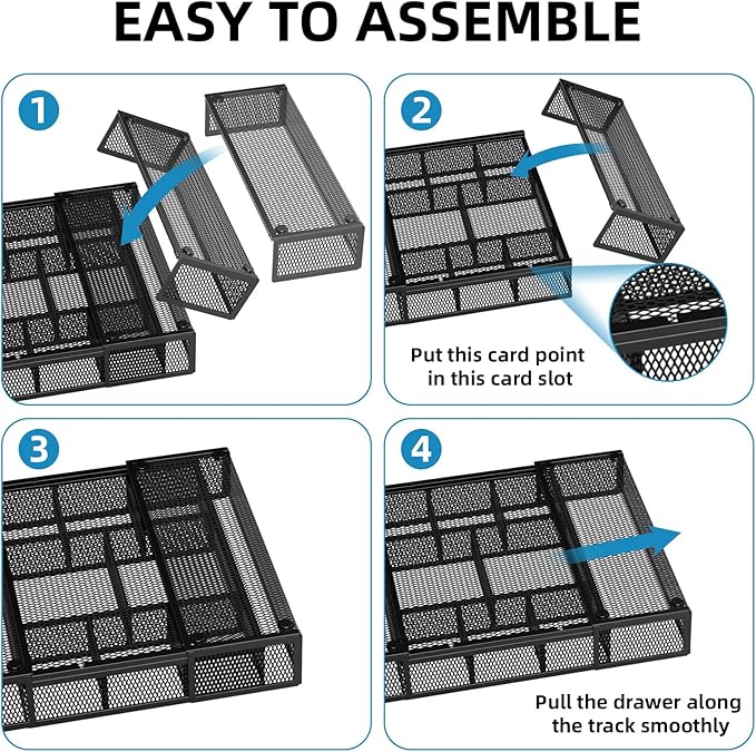 Marbrasse Expandable Desk Drawer Organizer, Mesh Drawer Organizer Tray with 10 Adjustable Compartments, Desk Organizers and Accessories, 5 Dividers Drawer for Office Supplies, Makeup & Vanity (Black)