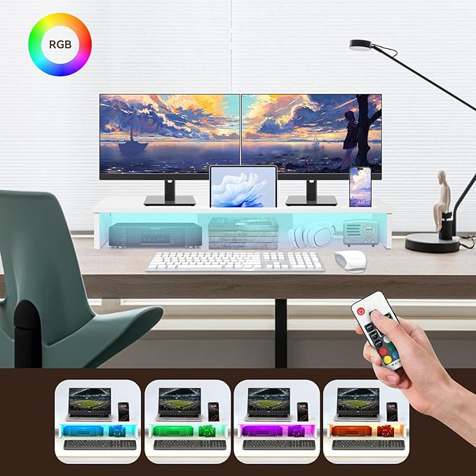 Qupui TV Riser Stand with LED Lights, 42.5in Super Large Monitor Stand with Phone Tablet Holder, Tabletop TV Stand Riser for Desk, Desktop Organizer for Computer, TV, Laptop, Printer