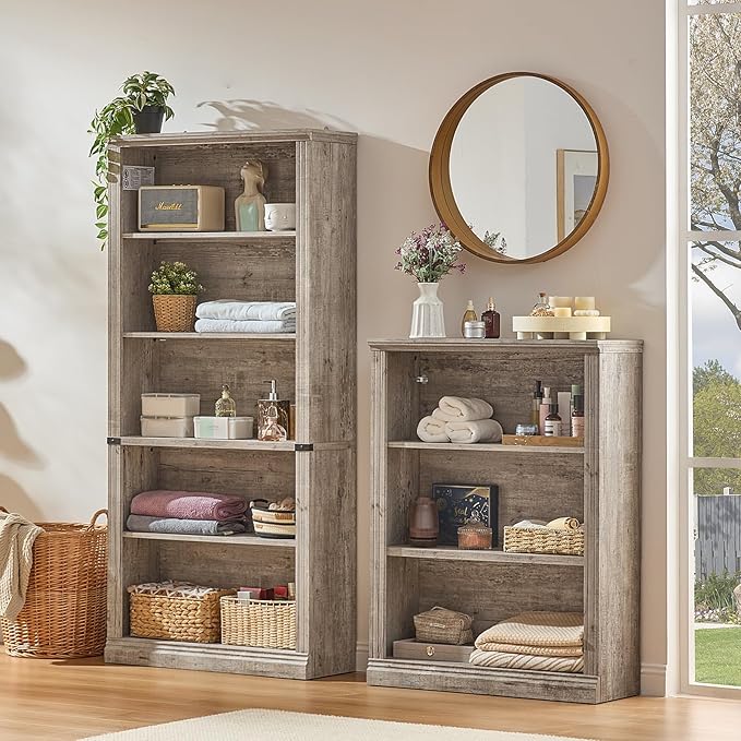 RWYHG 43" Grey Tall Bookshelf Set of 2,3-Tier Thick Wooden Book Shelf with Adjustable Shelves,Free Standing Farmhouse Bookcase with Open Display Storage,Floor Vintage Bookshelves for Living Room