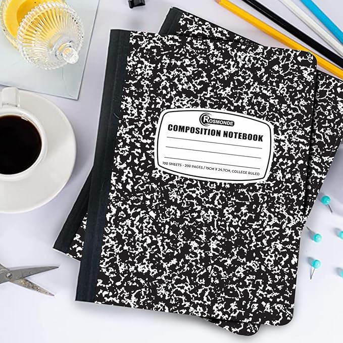 Rosmonde 12 Pack Composition Notebook College Ruled Bulk, 200 Pages (100 Sheets), 9-3/4 x 7-1/2, Hard Cover College Ruled Notebook Bulk, Black Marble Composition Notebook College Ruled, Bulk Notebooks
